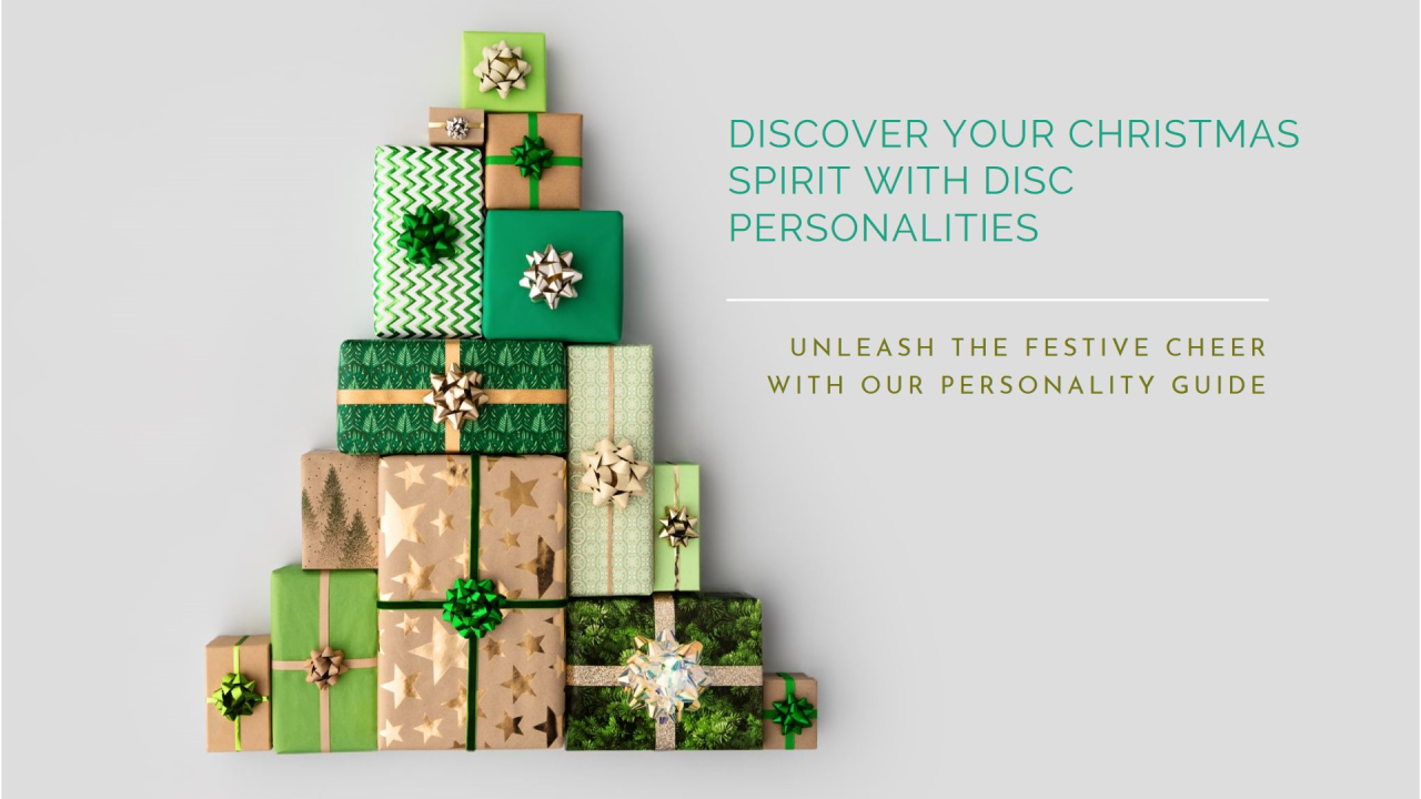 An image of gifts wrapped in festive green paper in the shape of a tree to represent the different festive DiSC personalities