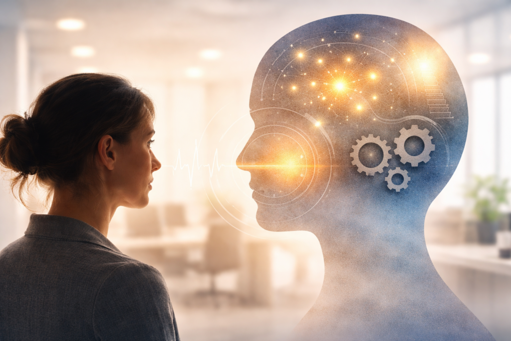 An image showing a woman with an office in the background but looking at a representation of a head and the personality cogs to reflect self-awareness at work