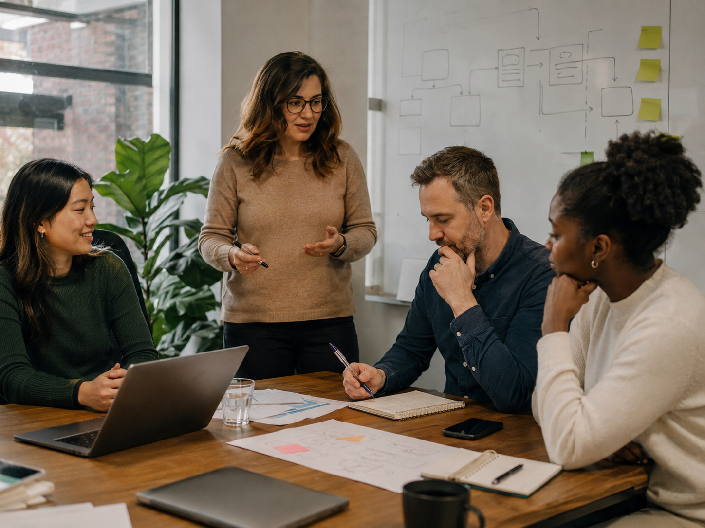 An image of a group of people in an office showing different feelings about what is being discussed.
